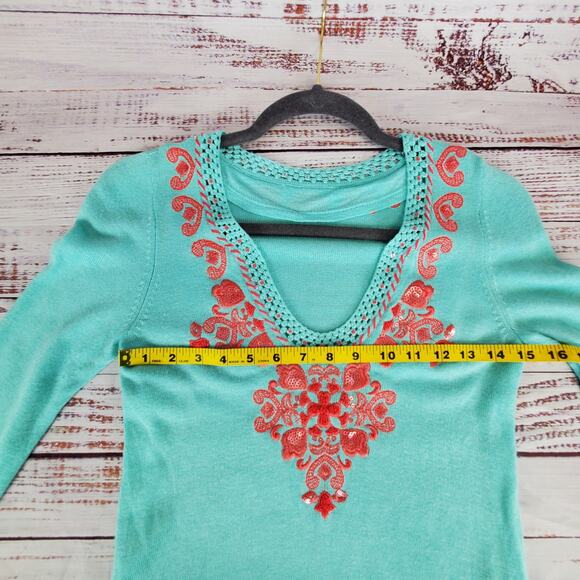 Lilly Pulitzer April Teal Tunic Sweater Whimsy Fairy Crystal Pink Embroidered M - Picture 10 of 12